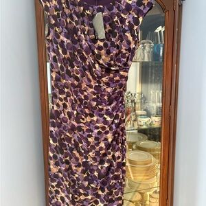 Ruched Cap-Sleeve Midi Dress in Purple and Cream Dot Print